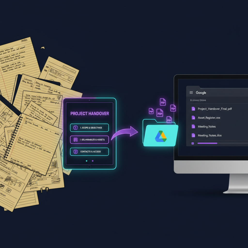 Document workflow illustration showing notes transforming into PDF and uploading to cloud storage